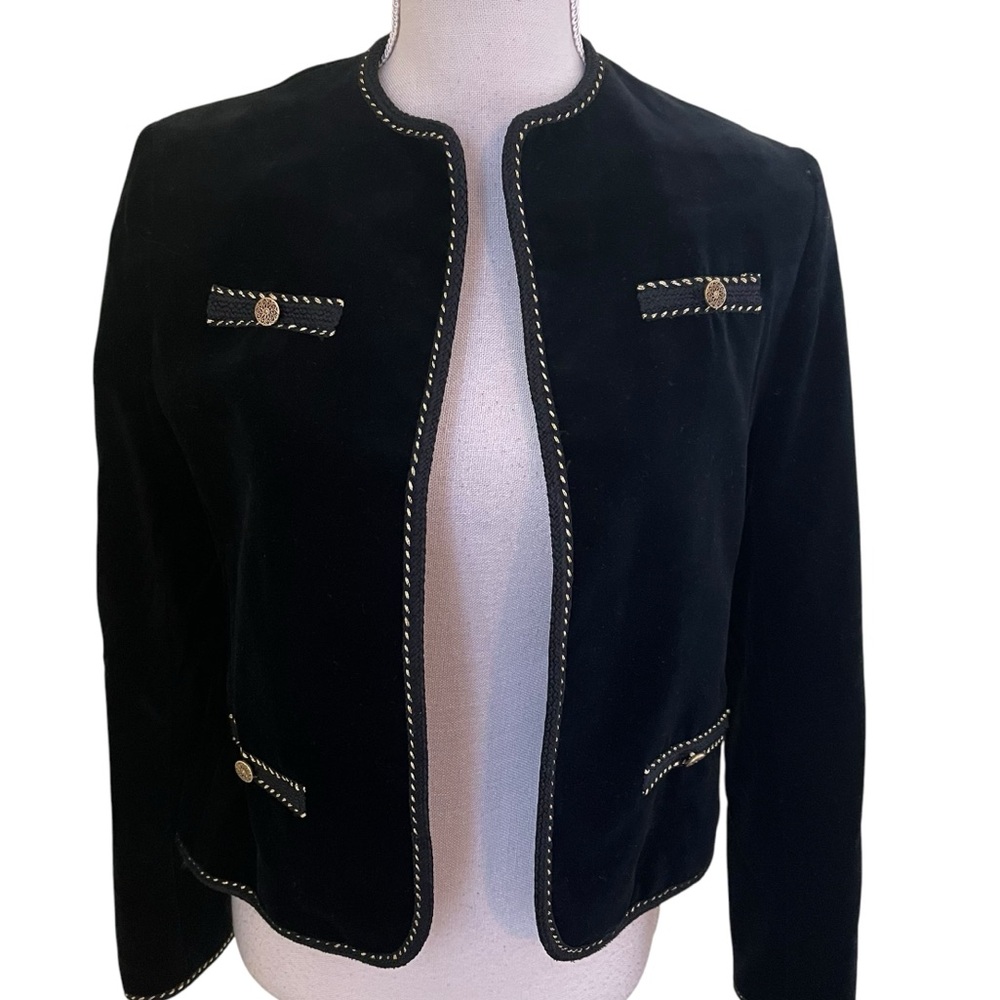 Devon Hall for Robert Paul Taboh Black Velvet Open Front Jacket with Braid Trim